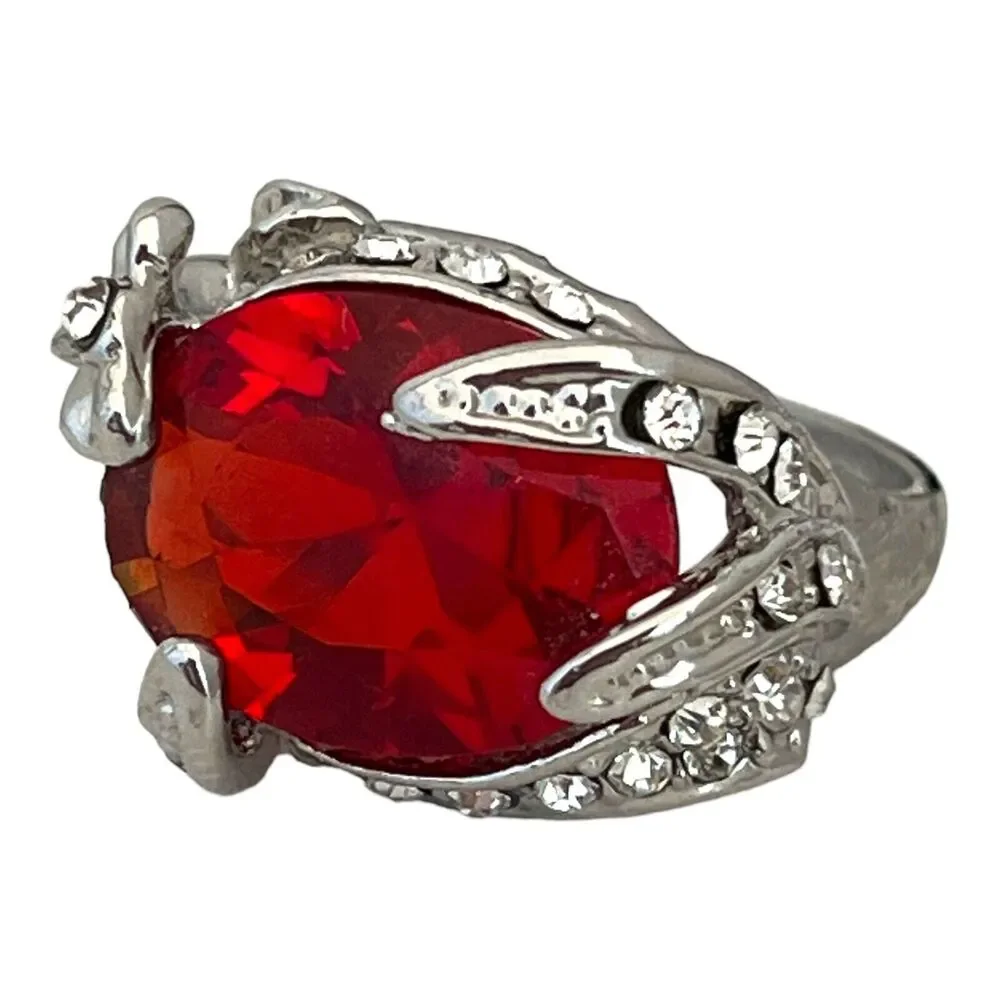 Vintage 1980s Red Crystal Statement Ring Rhinestone Silver Tone Size 6 - 5Z